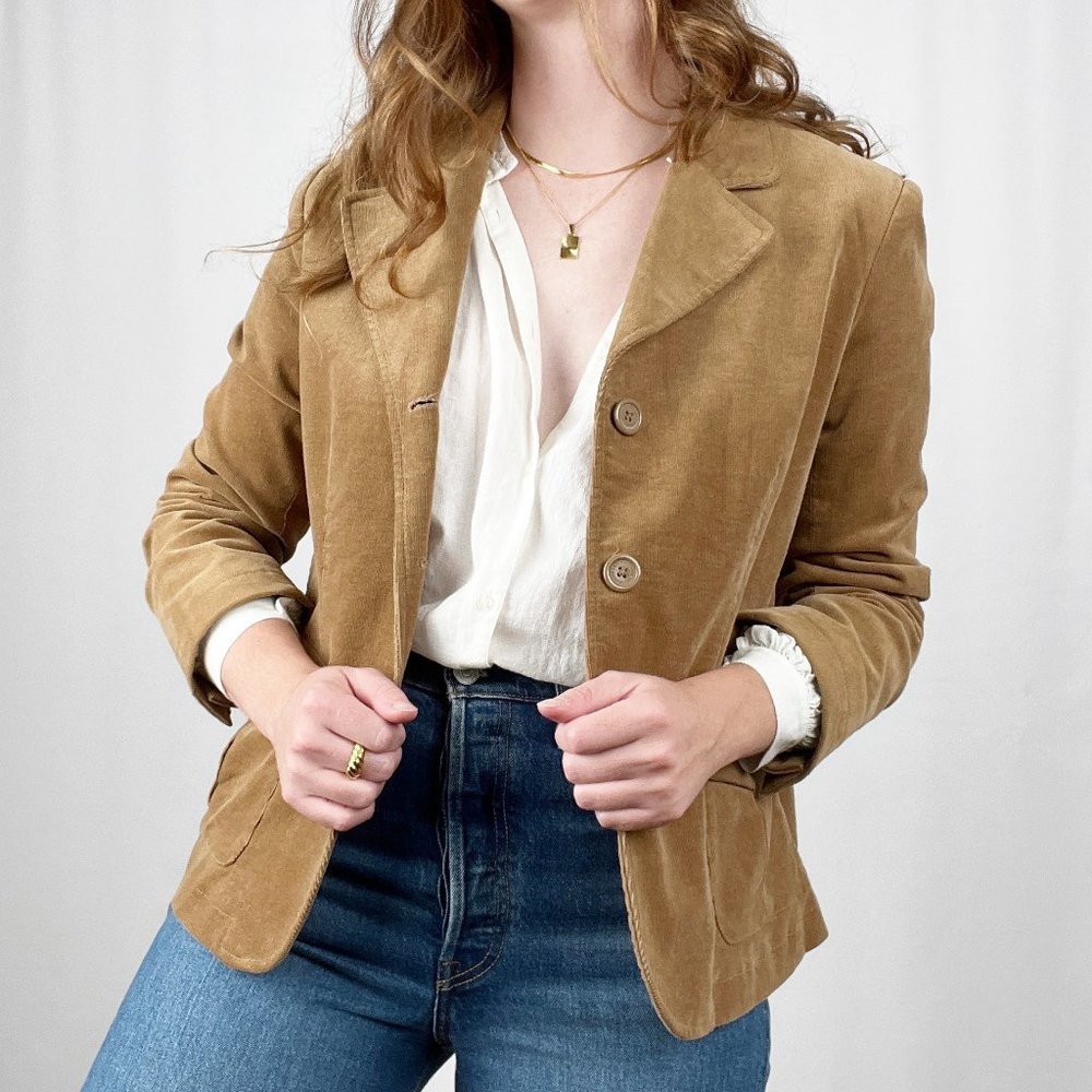 Vintage Velvet Corduroy Camel Tan Oversized Blazer Jacket Coat Preppy Academia